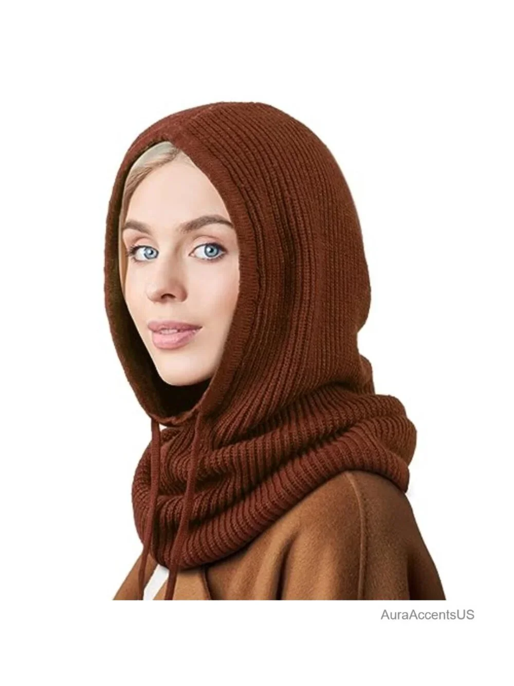 Knit Balaclava Hooded Scarf Hat with Drawstring